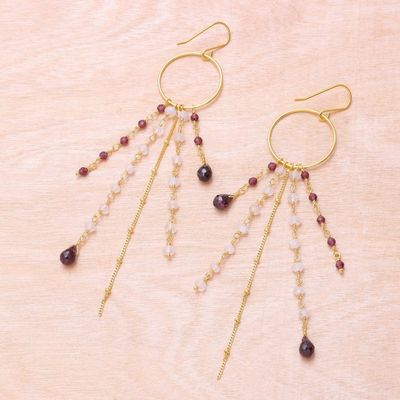 Alternate image for Gold Plated Garnet and Rainbow Moonstone Waterfall Earrings Luxurious Rain