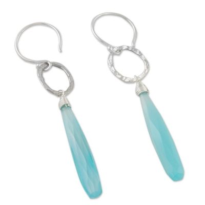 Alternate image for Blue Chalcedony Dangle Earrings with Hammered Silver Exhilarated