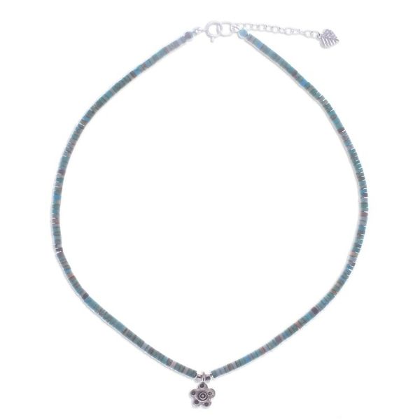 Alternate image for Floral Reconstitued Turquoise Silver Pendant Necklace Arcadia Flower