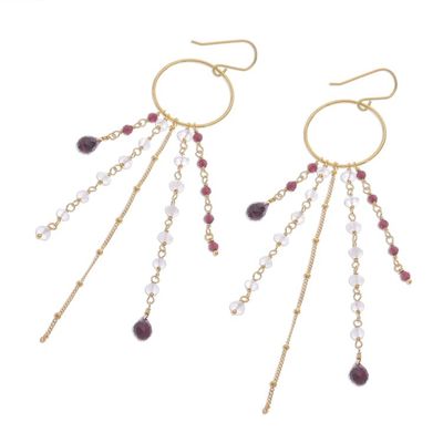 Alternate image for Gold Plated Garnet and Rainbow Moonstone Waterfall Earrings Luxurious Rain