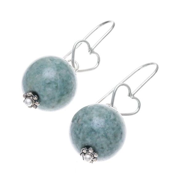 Alternate image for Sterling Silver and Jade Bead Heart Dangle Earrings Ethereal Orbs in Green