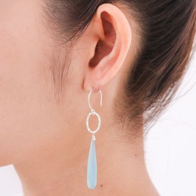 Alternate image for Blue Chalcedony Dangle Earrings with Hammered Silver Exhilarated