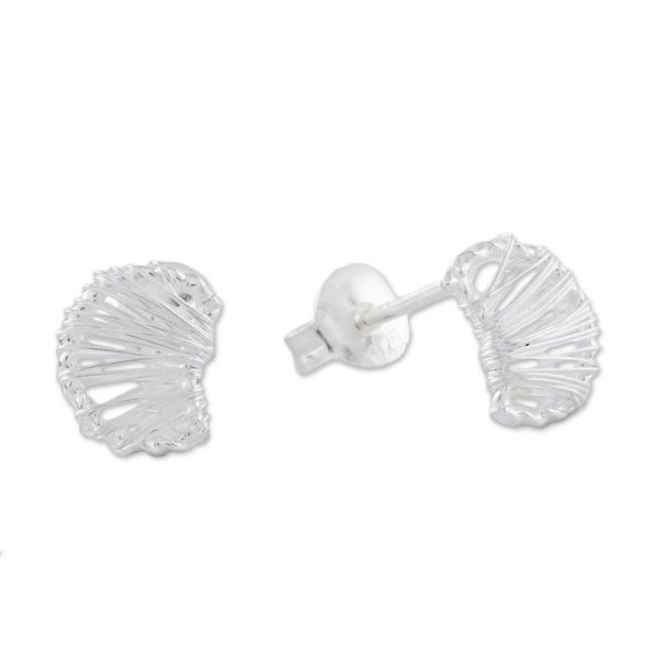 Alternate image for Thai Artisan Sterling Silver Wire Wrapped Moon Stud Earrings Unseen Moons
