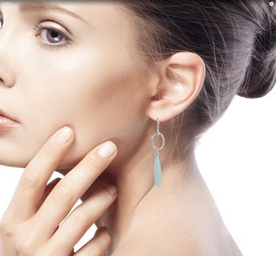 Alternate image for Blue Chalcedony Dangle Earrings with Hammered Silver Exhilarated