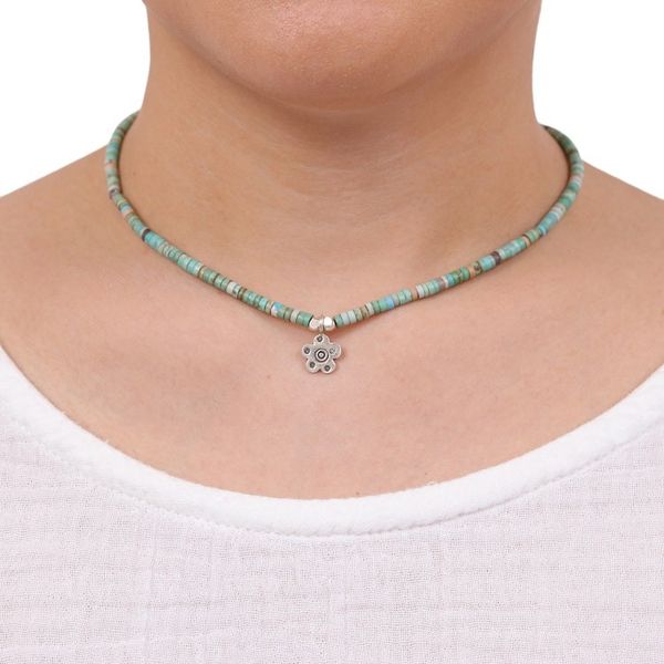 Alternate image for Floral Reconstitued Turquoise Silver Pendant Necklace Arcadia Flower
