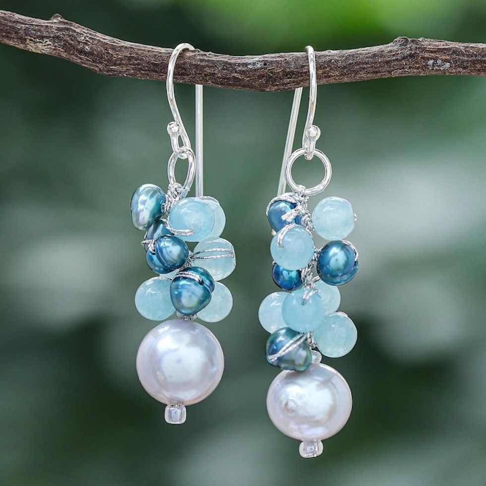 Cultured Pearl and Quartz Dangle Earrings from Thailand 'Happy Bunch'