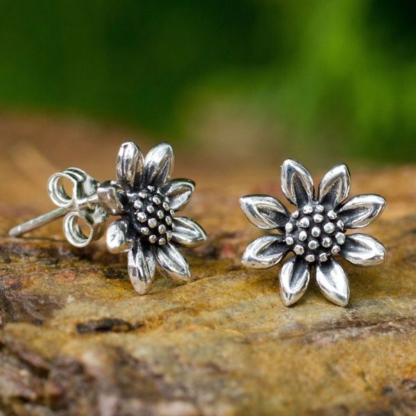 Alternate image for Small Sterling Silver Sun Flower Post Earrings from Thailand Sunflower Love