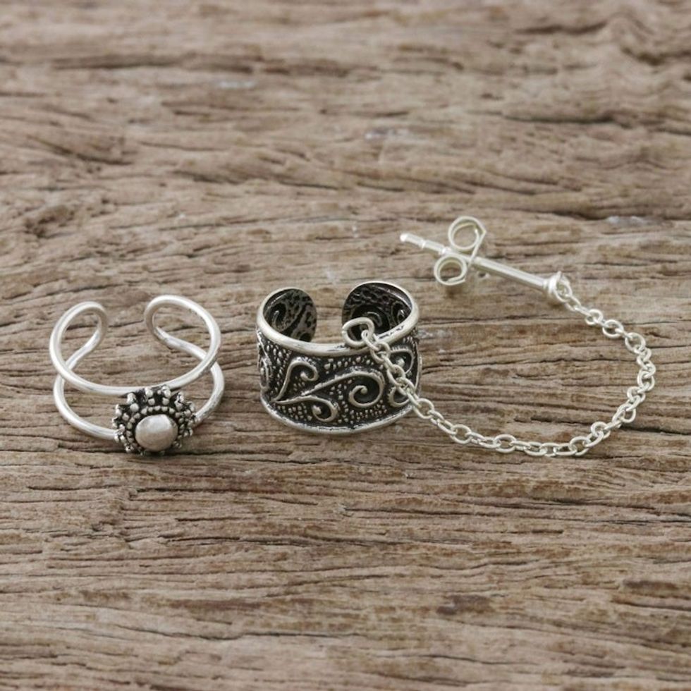 Spiral Motif Sterling Silver Ear Cuffs with Chain 'Ethereal Breeze'