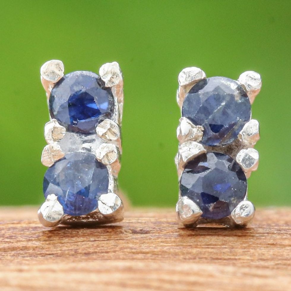 Faceted Round Sapphire Stud Earrings in a High Polish Finish 'Empress of Prophecy'