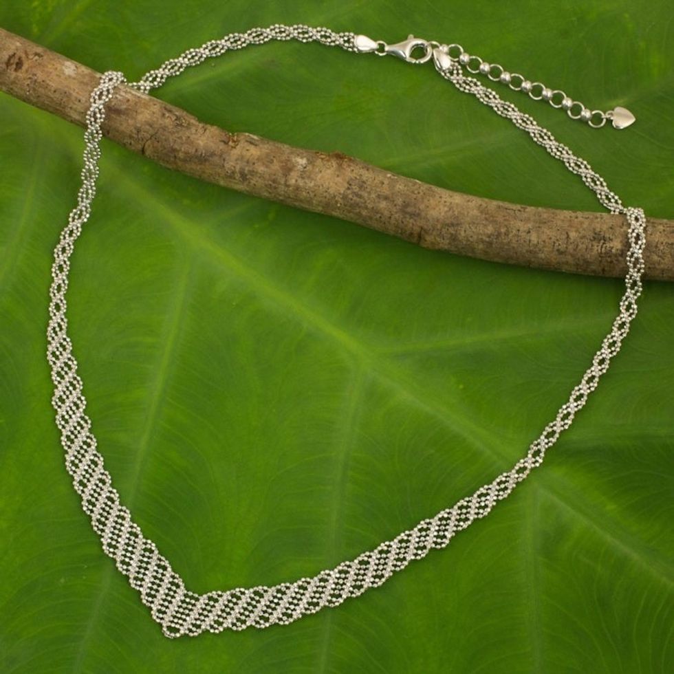 Artisan Made Sterling Silver Ball Chain Necklace 'Woven Helix'