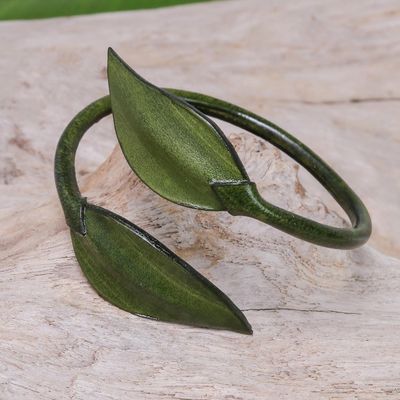 Alternate image for Leafy Leather Wrap Bracelet in Olive from Thailand Forest Embrace in Olive