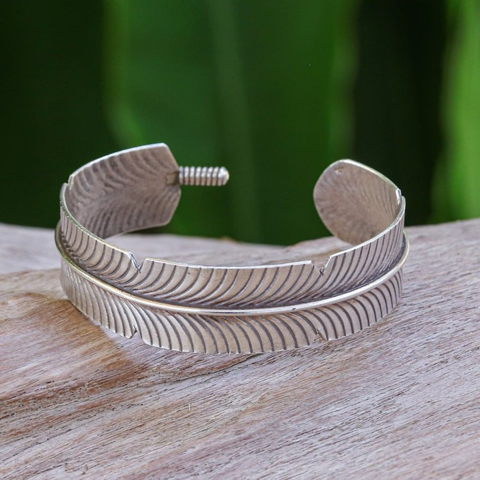 Feather-Themed Sterling Silver Cuff Bracelet from Thailand 'Freedom Plumage'