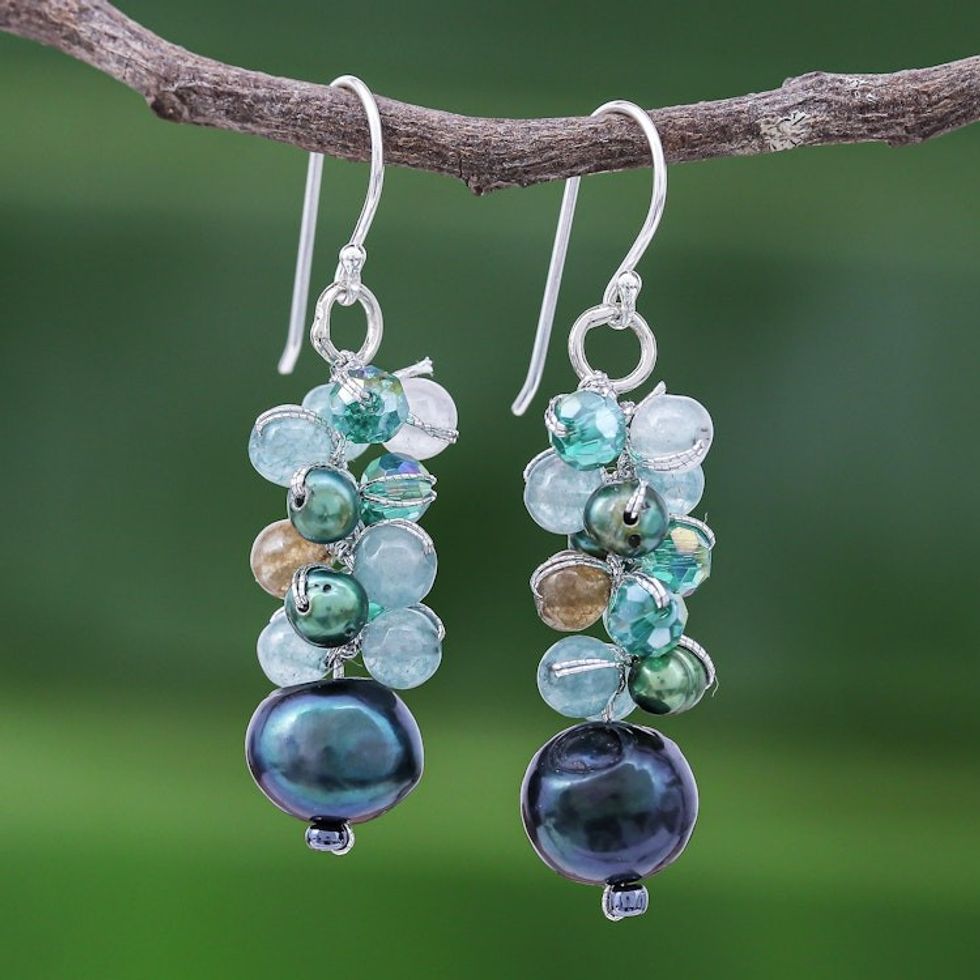 Blue-Green Gemstone Cluster Dangle Earrings 'Winter'