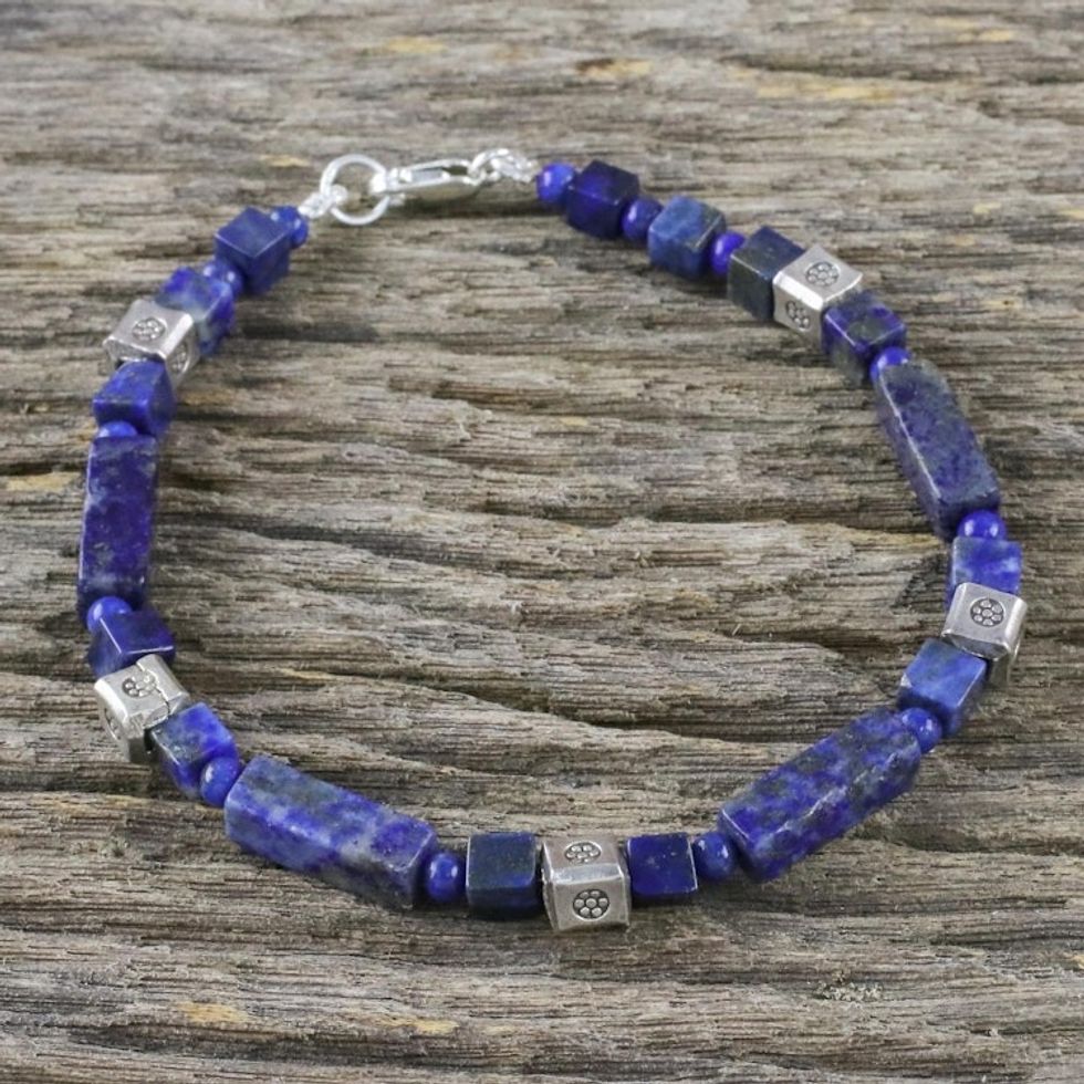 Lapis Lazuli and Silver Beaded Bracelet from Thailand 'Indigo Dream'