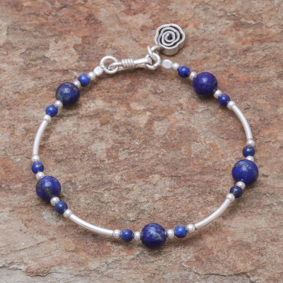 Lapis Lazuli Beaded Bracelet from Thailand 'Fascinating Rose'