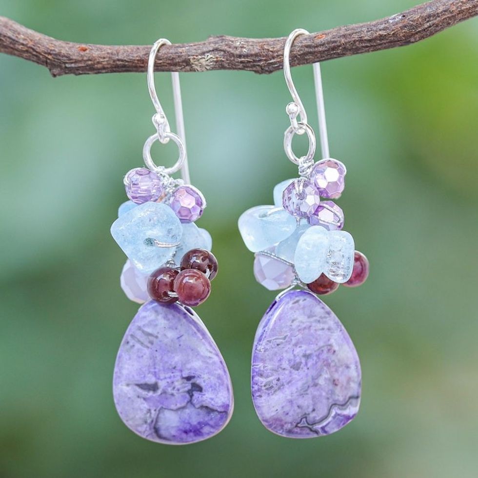 Handmade Thai Quartz and Garnet Dangle Earrings 'Pale Sky'