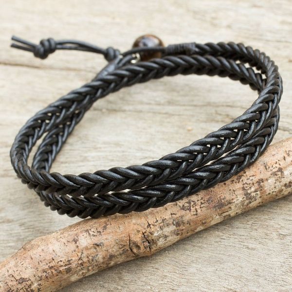 Alternate image for Mens Hand Braided Black Leather Wrap Bracelet Double Ebony