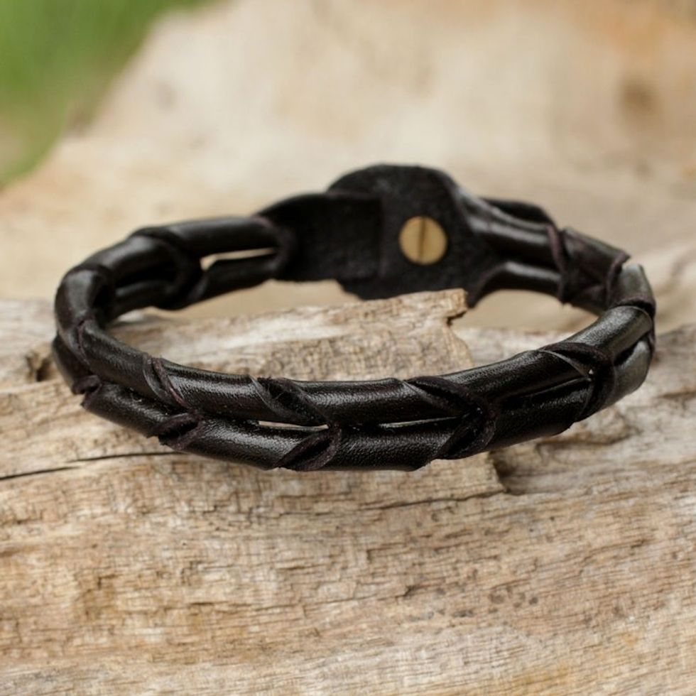 Handcrafted Black Braided Leather Bracelet for Men 'Night World'