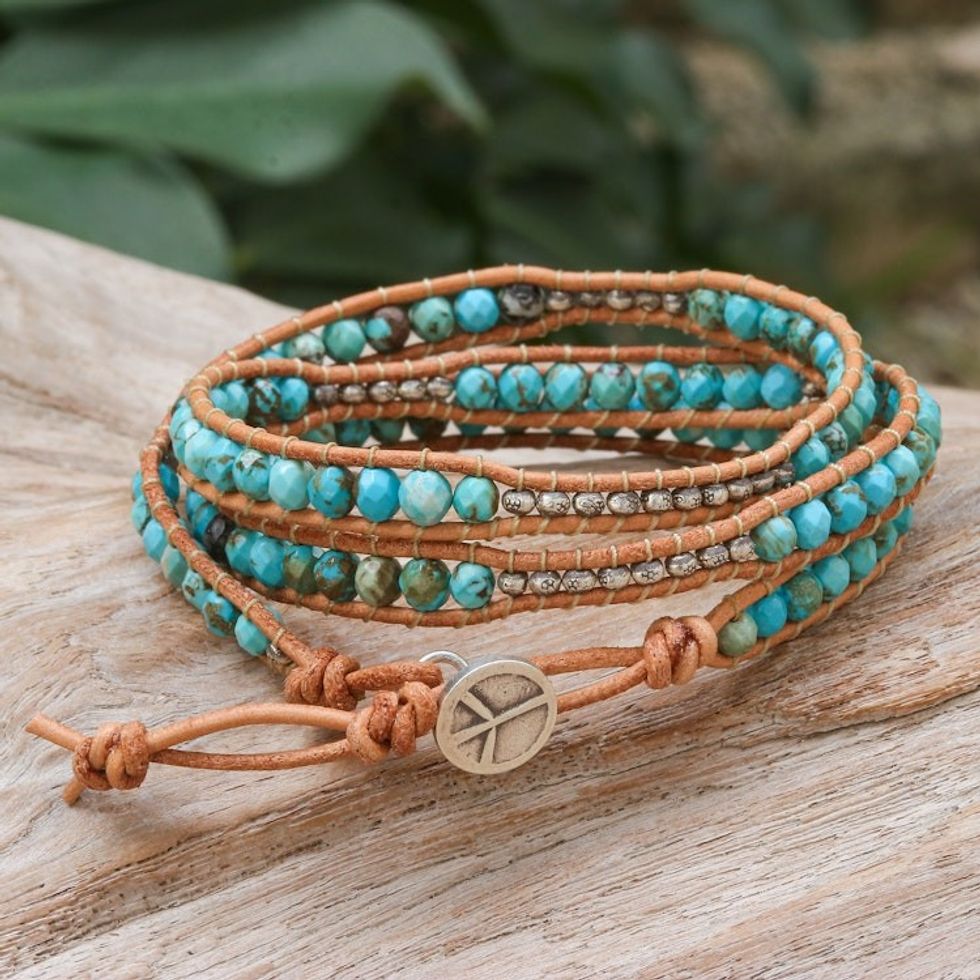 Silver and Leather Beaded Wrap Bracelet 'Sukhothai Sky'