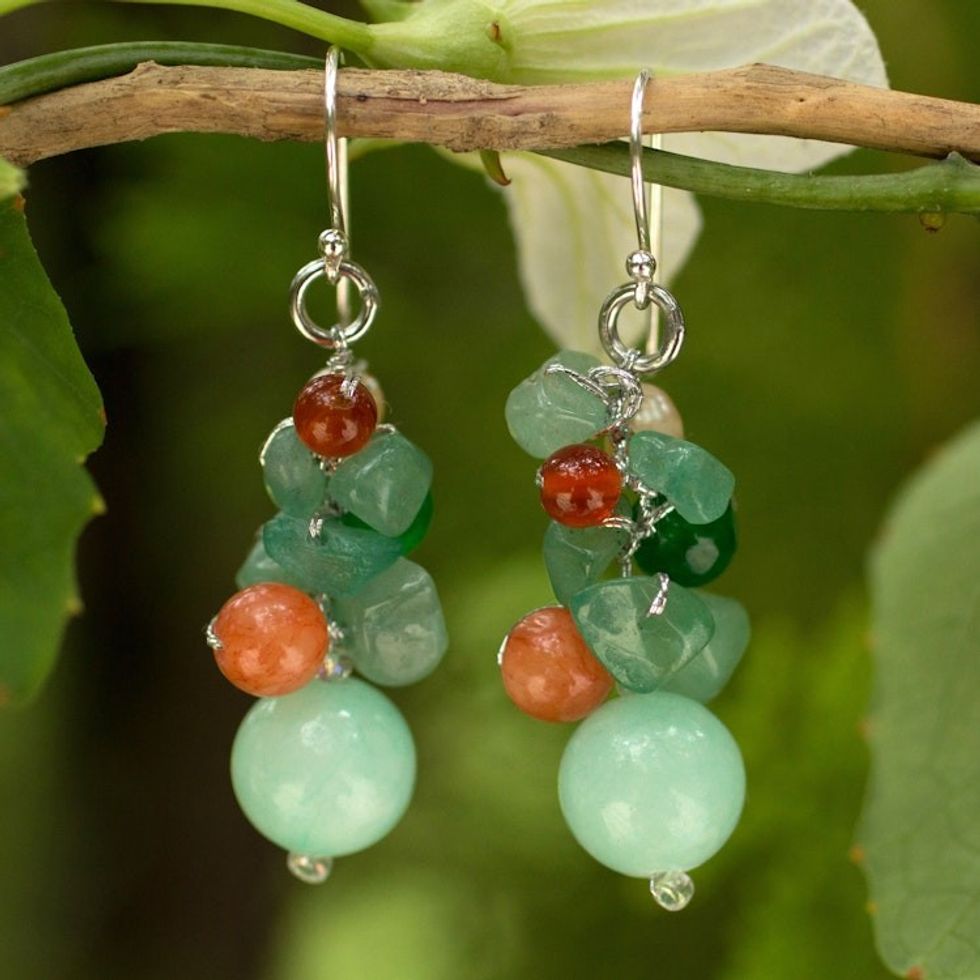 Handcrafted Pearl Carnelian Quartz Cluster Earrings 'Lemongrass'