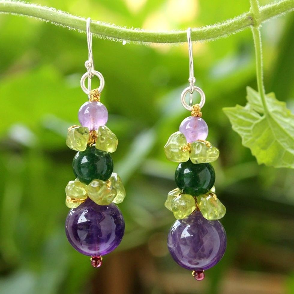 Amethyst and Quartz Dangle Earrings 'Thai Harmony'