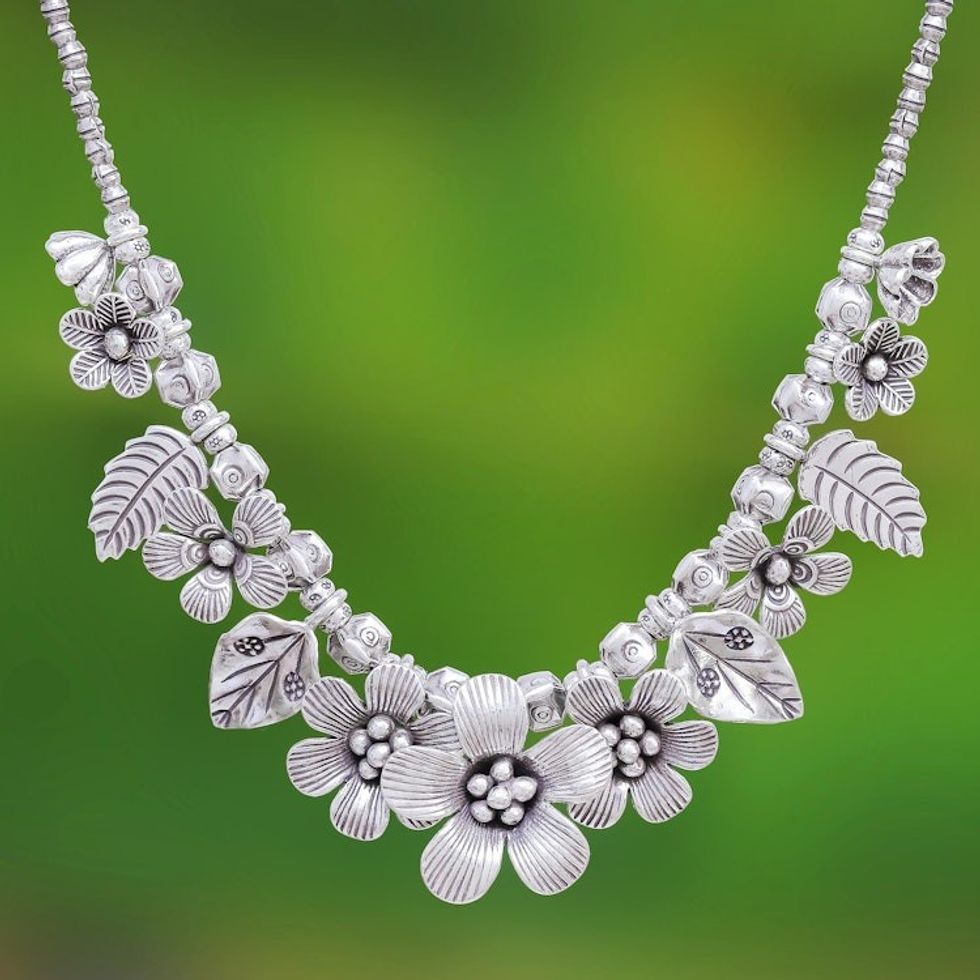 Silver 950 Flower Motif Pendant Necklace from Thailand 'Nature's Miracle'