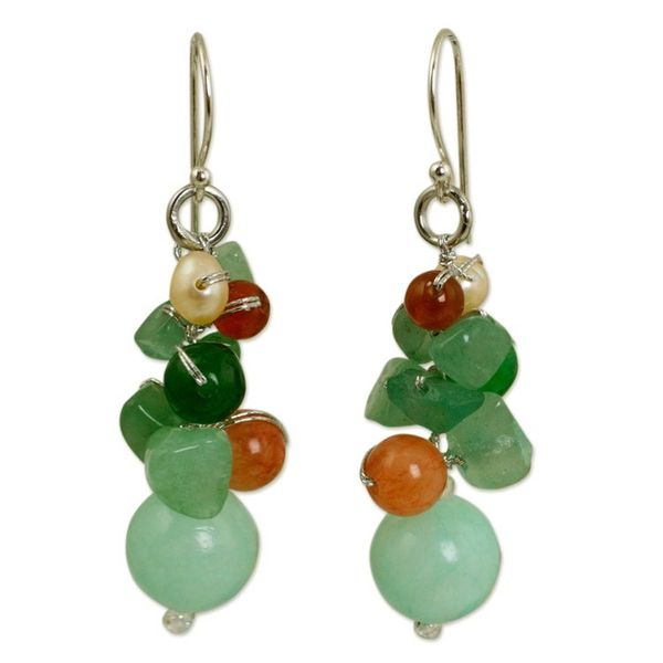 Alternate image for Handcrafted Pearl Carnelian Quartz Cluster Earrings Lemongrass
