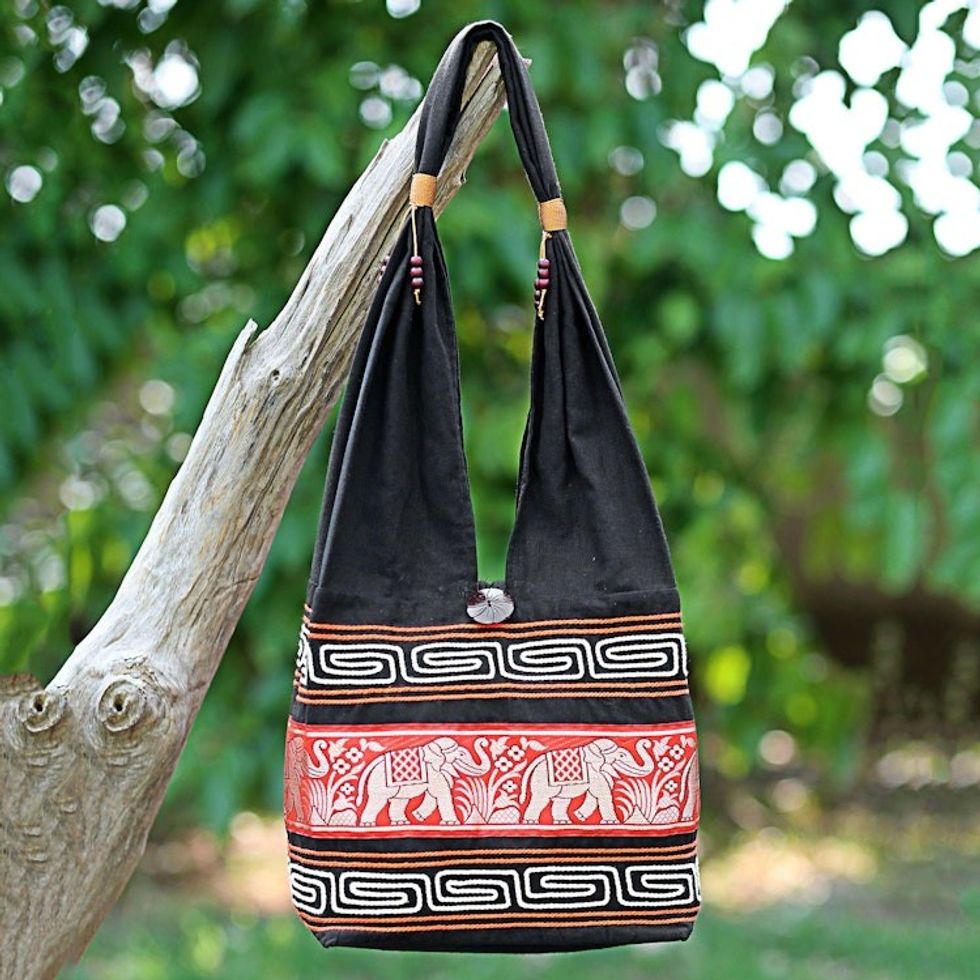 Cotton Blend Shoulder Bag Black Vermilion from Thailand 'Thai Elephants in Vermilion'