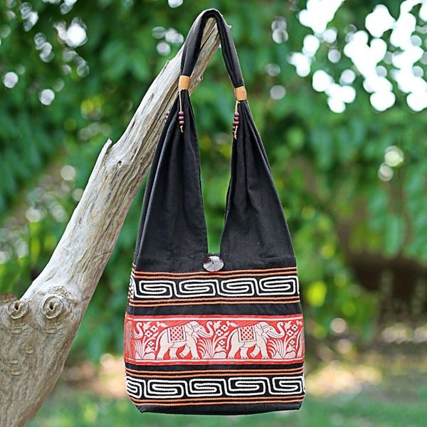 Alternate image for Cotton Blend Shoulder Bag Black Vermilion from Thailand Thai Elephants in Vermilion