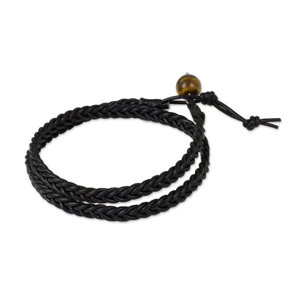 Alternate image for Mens Hand Braided Black Leather Wrap Bracelet Double Ebony