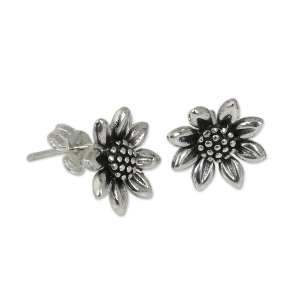 Alternate image for Small Sterling Silver Sun Flower Post Earrings from Thailand Sunflower Love