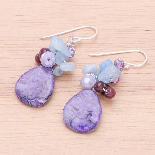 Alternate image for Handmade Thai Quartz and Garnet Dangle Earrings Pale Sky