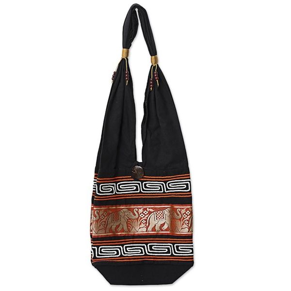 Alternate image for Cotton Blend Shoulder Bag Black Vermilion from Thailand Thai Elephants in Vermilion