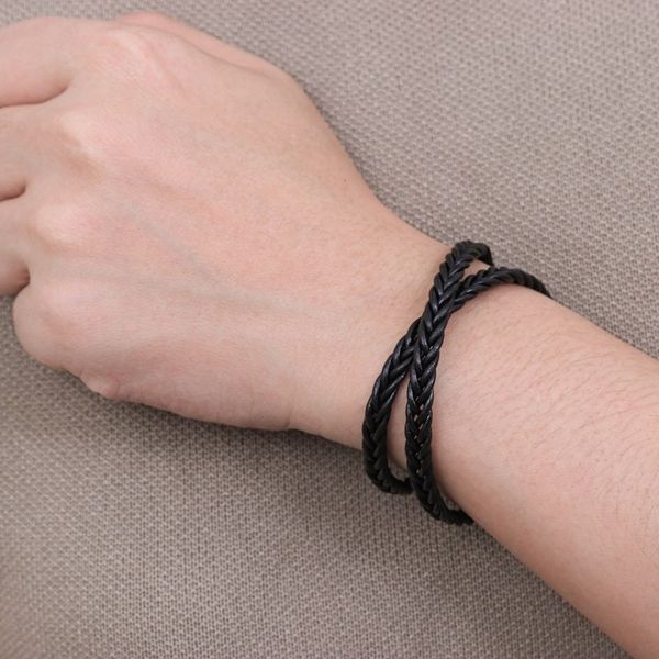 Alternate image for Mens Hand Braided Black Leather Wrap Bracelet Double Ebony