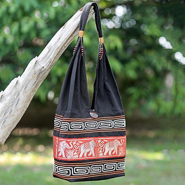 Alternate image for Cotton Blend Shoulder Bag Black Vermilion from Thailand Thai Elephants in Vermilion