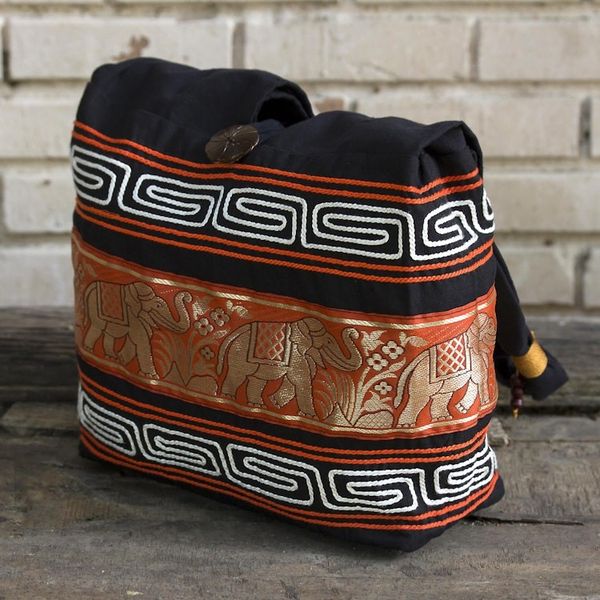 Alternate image for Cotton Blend Shoulder Bag Black Vermilion from Thailand Thai Elephants in Vermilion