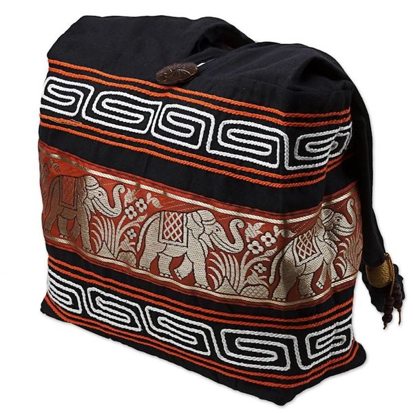 Alternate image for Cotton Blend Shoulder Bag Black Vermilion from Thailand Thai Elephants in Vermilion