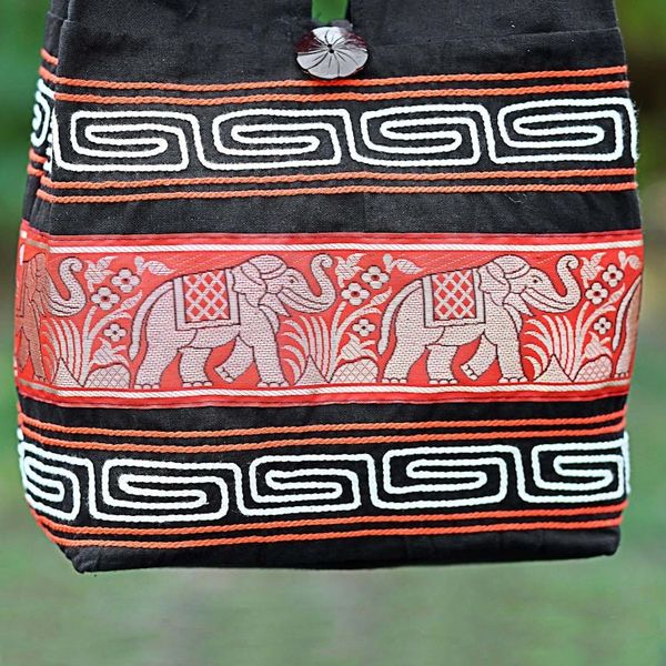 Alternate image for Cotton Blend Shoulder Bag Black Vermilion from Thailand Thai Elephants in Vermilion