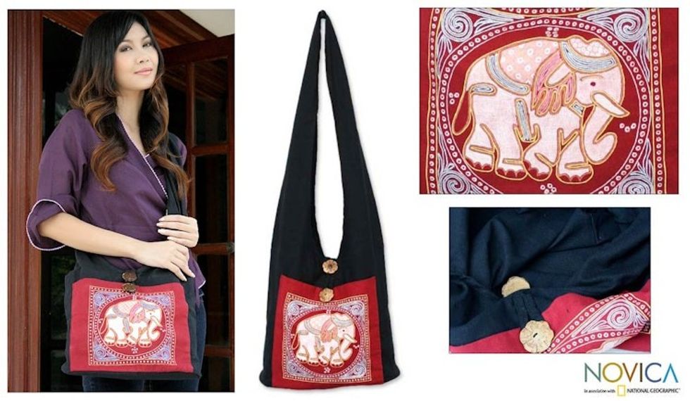 Hand Made Cotton Shoulder Bag 'Red Elephant Luck'