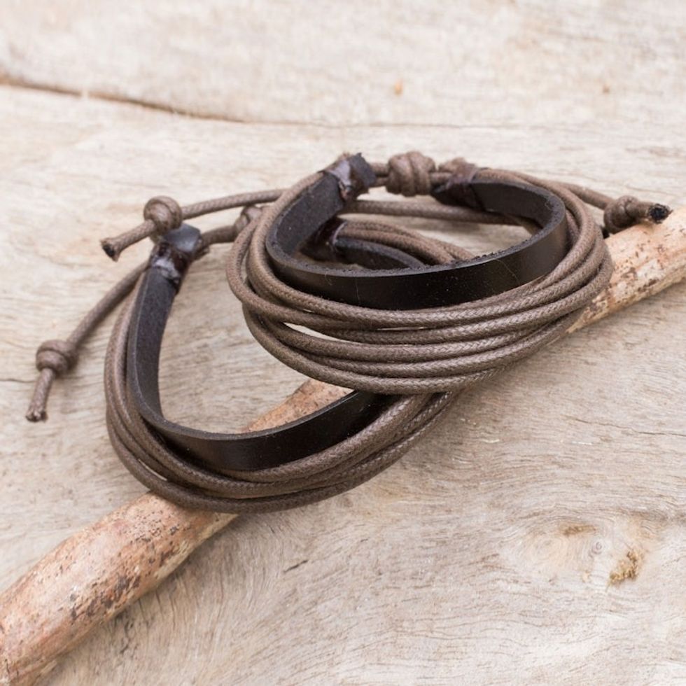 Men's Black Leather and Brown Cotton Bracelets Pair 'Bold Brown Contrast'