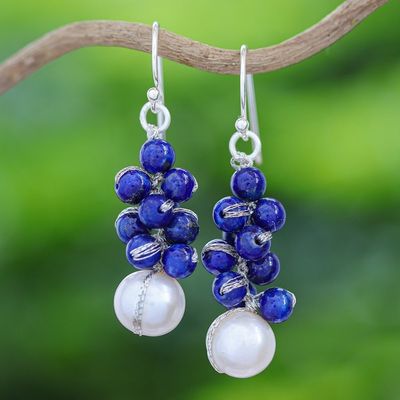 Alternate image for Handmade Cultured Pearl and Lapis Lazuli Cluster Earrings Blue Sonata