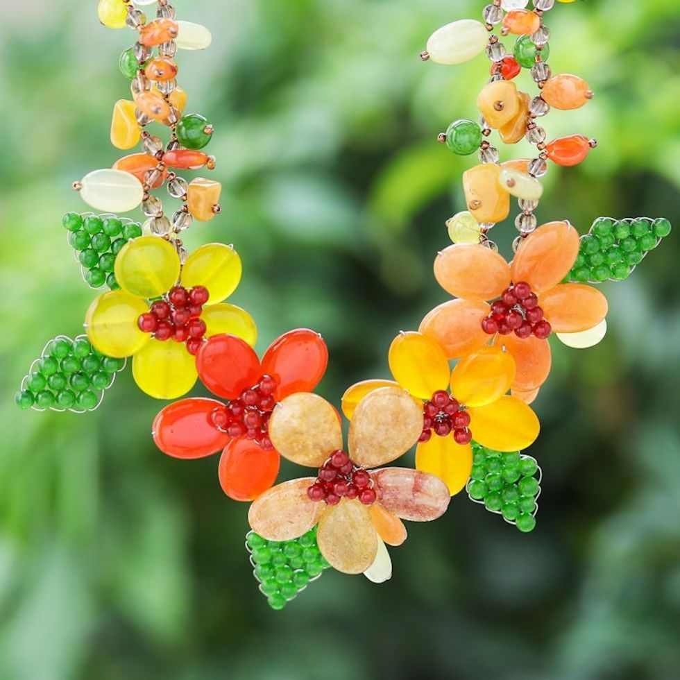 Warm and Green-Toned Floral Multi-Gemstone Beaded Necklace 'Summer Petals'