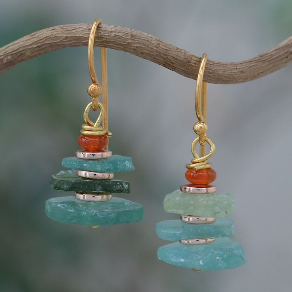 18k Gold-Plated Beaded Dangle Earrings from Thailand 'Ocean Bohemian'