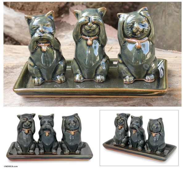 Alternate image for Celadon ceramic figurines Cats Shun Evil