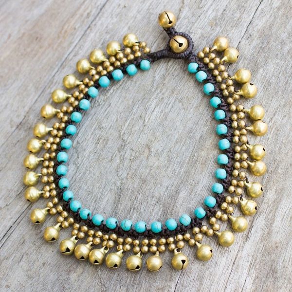 Alternate image for Brass Anklet with Blue Calcite and Jingling Bells Blue Bells