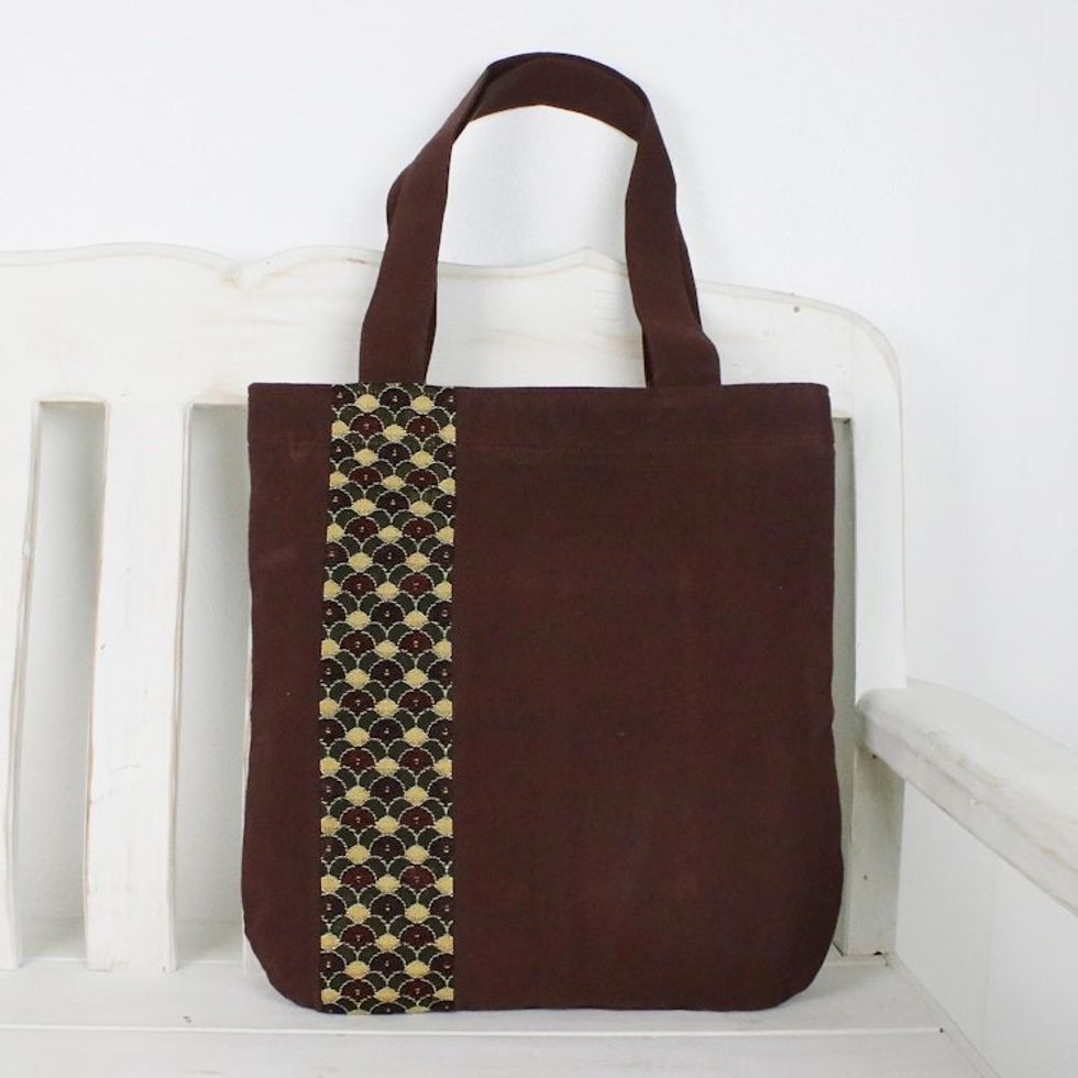 Deep Brown Cotton Tote Bag with Scalloped Detail 'River Paradise'