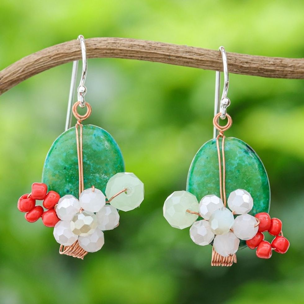 Serpentine Quartz and Glass Bead Dangle Earrings with Copper 'Garden Bliss in Teal'