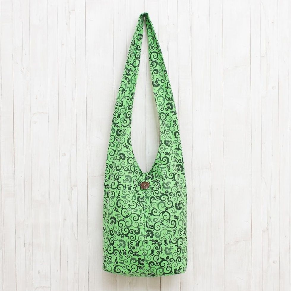 Spring Green Floral and Vine Motif 100 Cotton Shoulder Bag 'Pretty Tendrils'