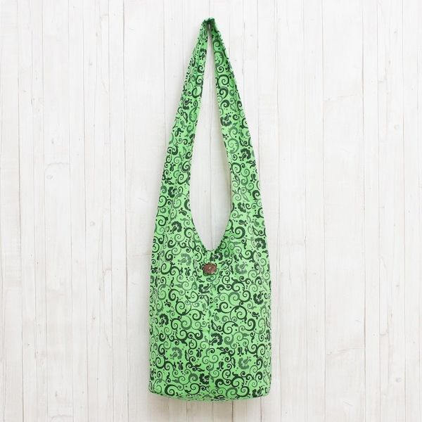 Alternate image for Spring Green Floral and Vine Motif 100 Cotton Shoulder Bag Pretty Tendrils