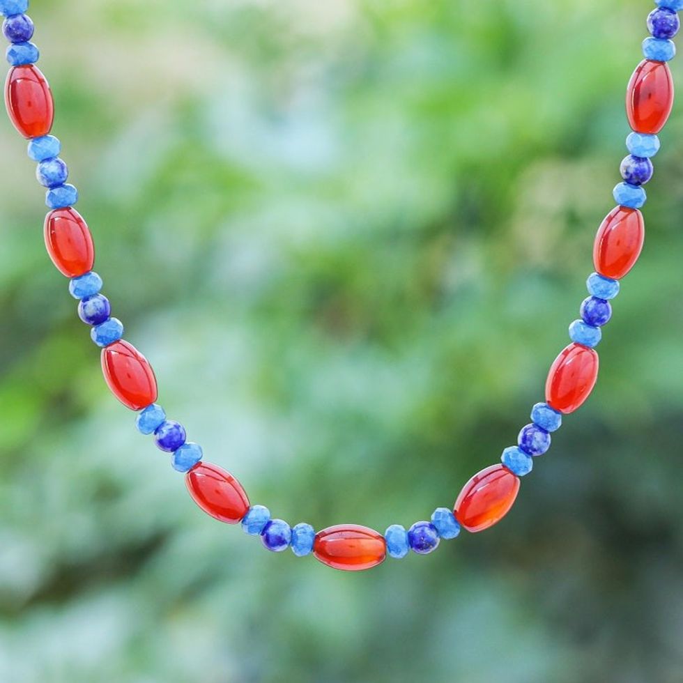 Handmade Carnelian and Lapis Lazuli Beaded Necklace 'Candy Luck'